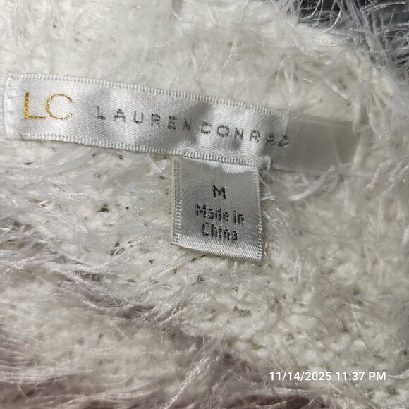 LC Lauren Conrad Open Front Samba Eyelash Yarn White L/S Cardigan Sweater M - Picture 5 of 7
